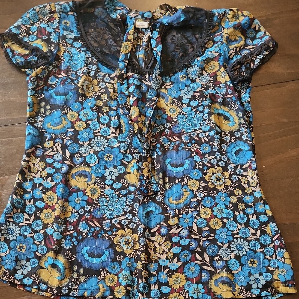 Floral Blue and Yellow Women's Top Sz Sm